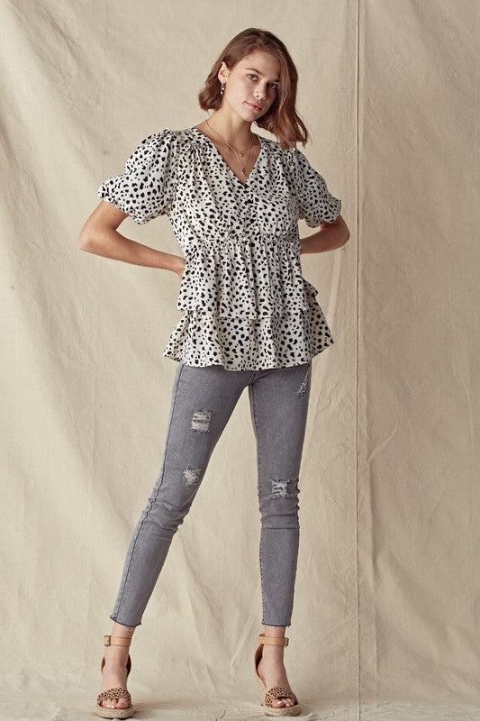 PUFF SLEEVE DEEP V NECK BUTTON DOWN BLOUSE