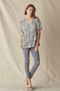 PUFF SLEEVE DEEP V NECK BUTTON DOWN BLOUSE