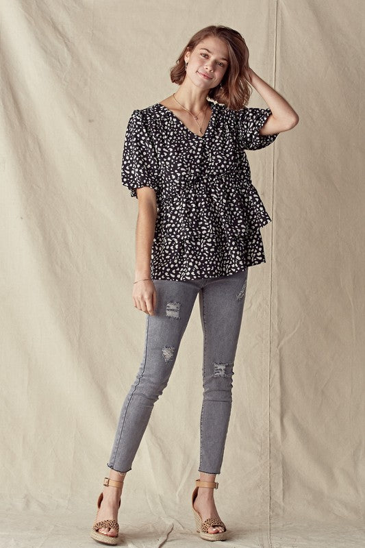 PUFF SLEEVE DEEP V NECK BUTTON DOWN BLOUSE