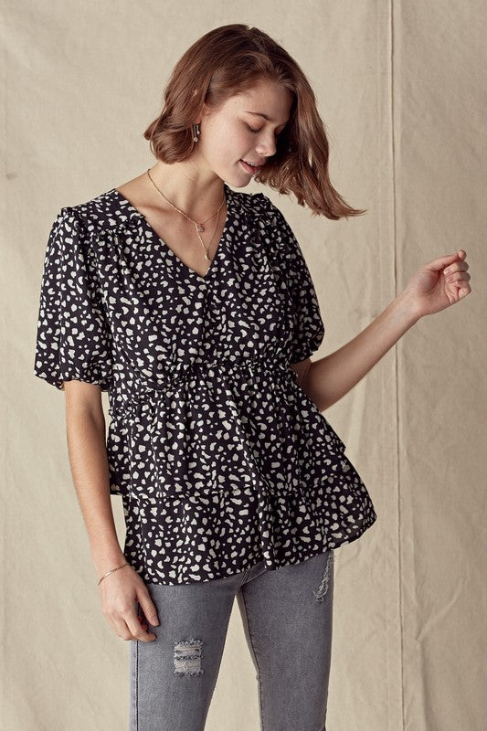 PUFF SLEEVE DEEP V NECK BUTTON DOWN BLOUSE