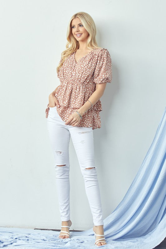 PUFF SLEEVE DEEP V NECK BUTTON DOWN BLOUSE