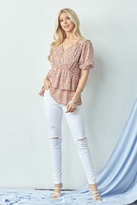 PUFF SLEEVE DEEP V NECK BUTTON DOWN BLOUSE