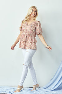 PUFF SLEEVE DEEP V NECK BUTTON DOWN BLOUSE