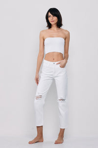 HIGH RISE CROP SLIM STRAIGHT LEG DISTRESSED JEANS