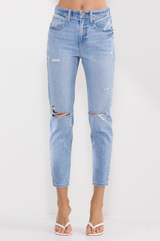 HIGH RISE 90'S SKINNY JEANS WITH KNEE DISTRESSING