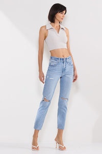 HIGH RISE 90'S SKINNY JEANS WITH KNEE DISTRESSING