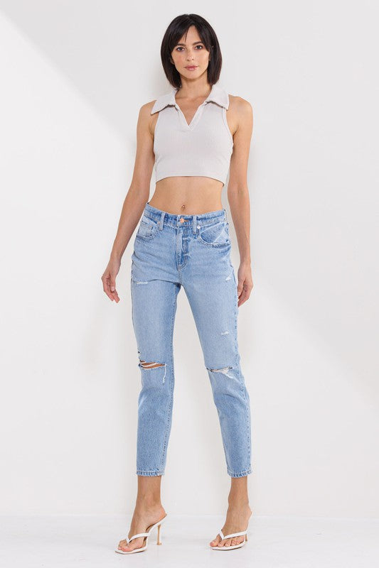 HIGH RISE 90'S SKINNY JEANS WITH KNEE DISTRESSING