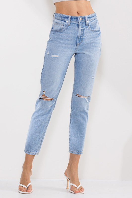 HIGH RISE 90'S SKINNY JEANS WITH KNEE DISTRESSING