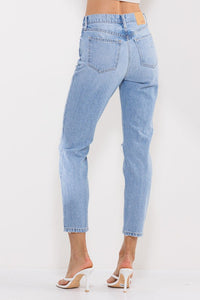 HIGH RISE 90'S SKINNY JEANS WITH KNEE DISTRESSING