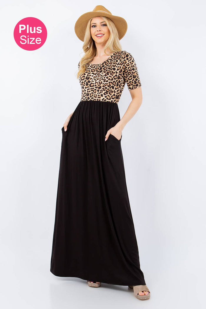 PLUS SIZE LEOPARD PRINT MAXI DRESS WITH POCKETS