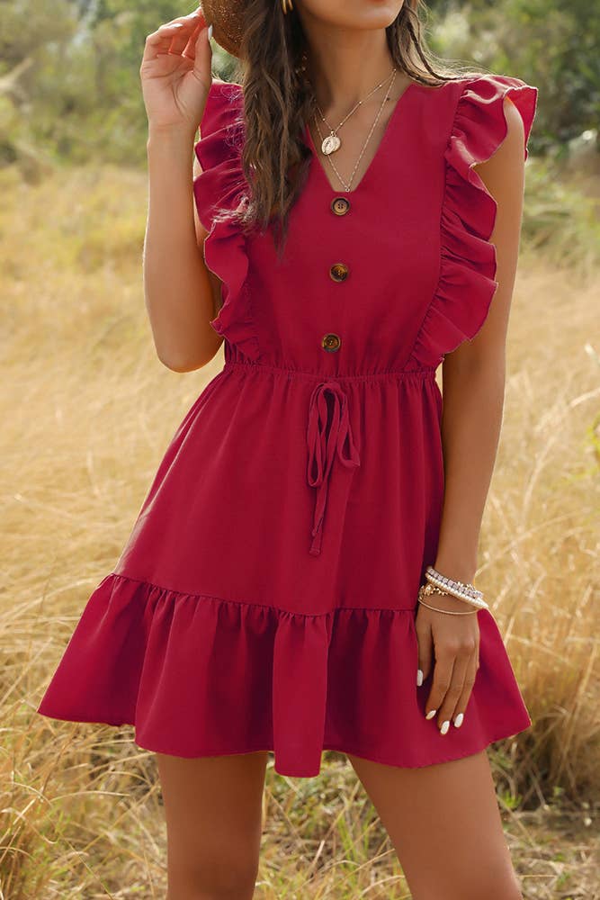 V Neck Ruffle Red Mini Dress