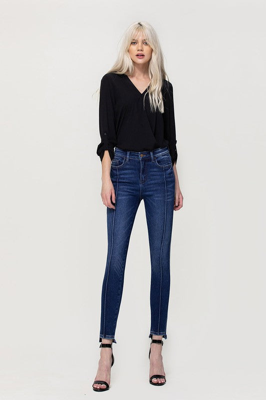 HIGH RISE ANKLE SKINNY W FRONT SEAM AND UNEVEN HEM