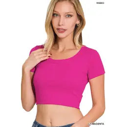 Ribbed Scoop Neck Crop Short Sleeve multiple colors