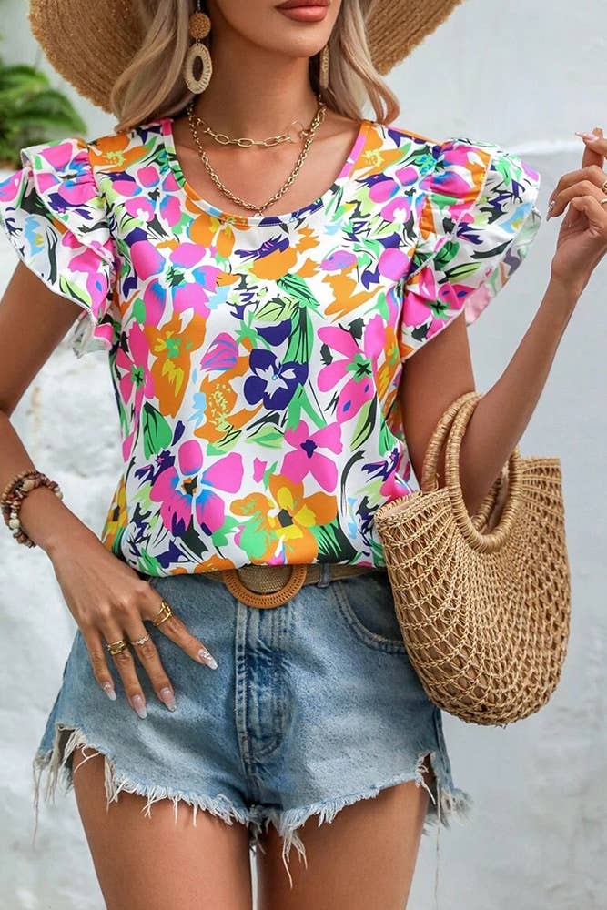 Floral Print Tiered Ruffle Sleeves Blouse