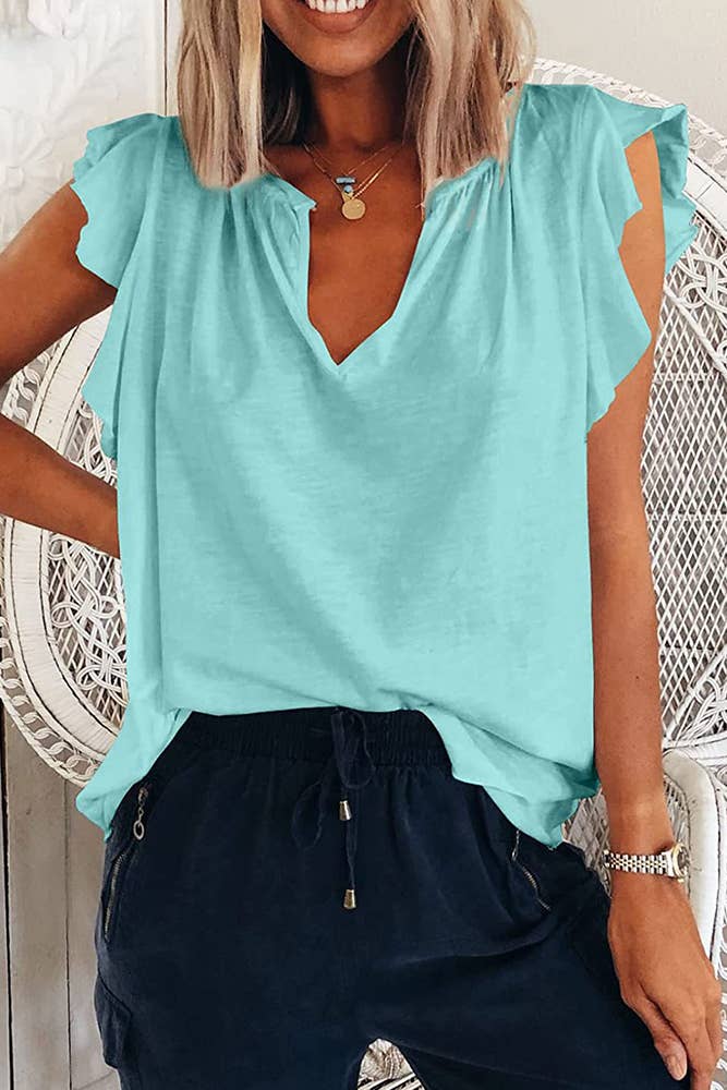 Plain Ruffle V Neck Blouse