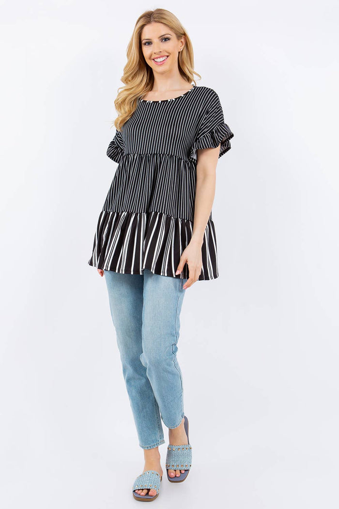 PLUS SIZE STRIPE TIERED TOP WITH RUFFLE DETAIL