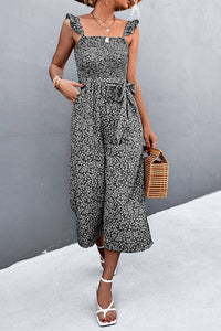 Floral Print Ruffles Strap Tie Waist Jumpsuit