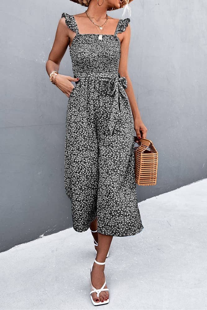 Floral Print Ruffles Strap Tie Waist Jumpsuit