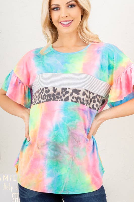 RUFFLED MULTI COLOR TIE DYE AND ANIMAL PRINT TOP