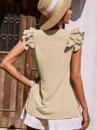 KHAKI RUFFLE V NECK TANK TOP